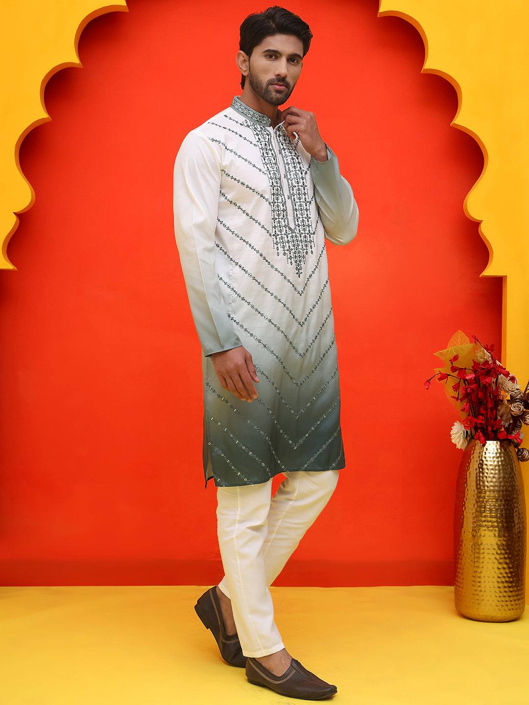 Ombre Printed &amp; Embroidered Kurta Pyjama Set