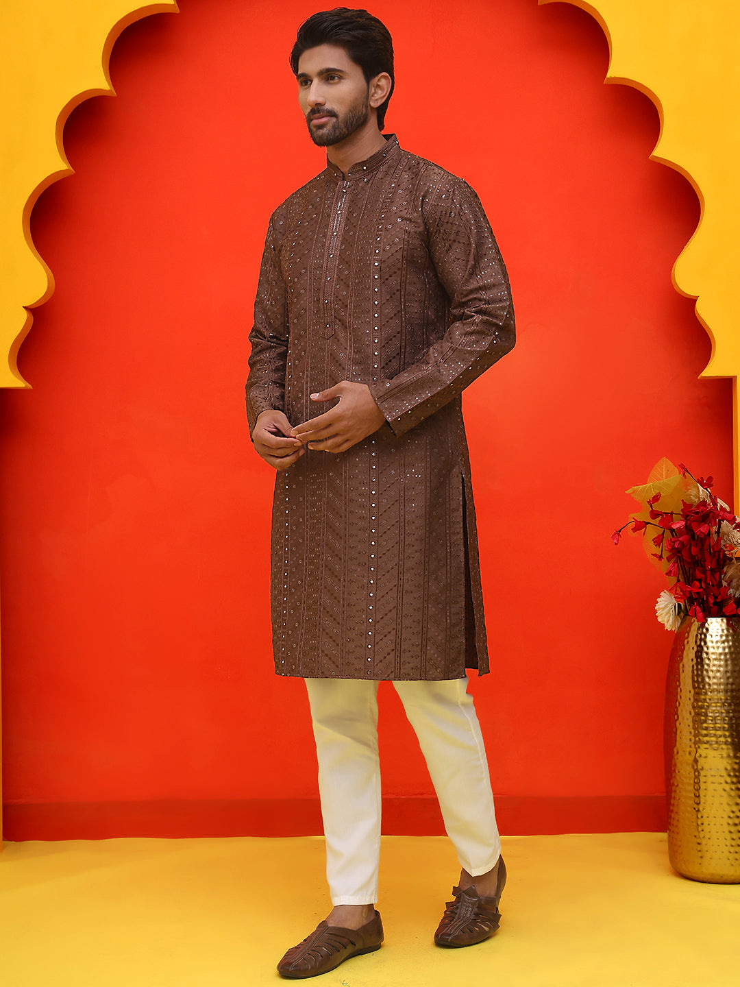 Embroidered Straight Kurta Set For Men