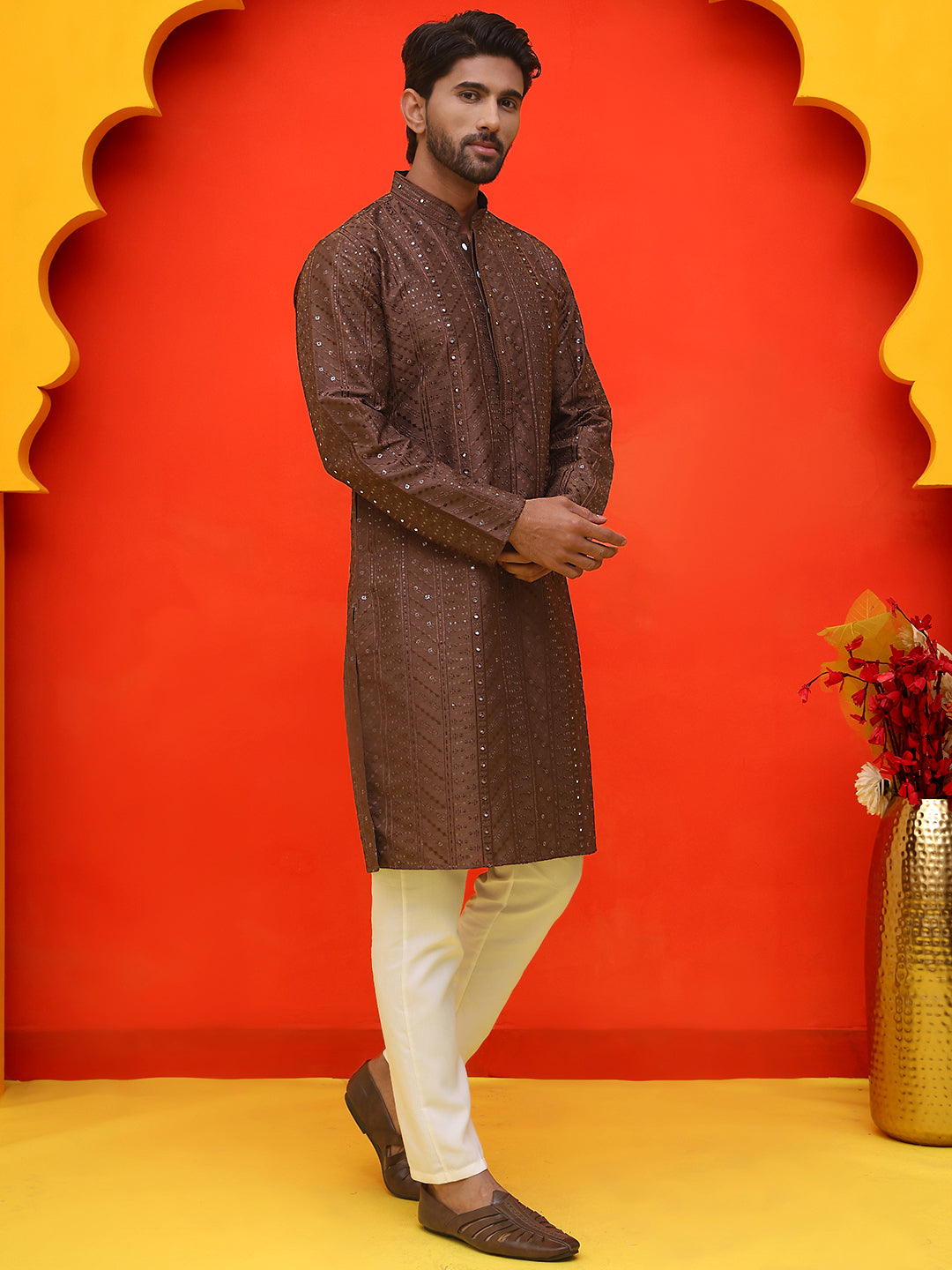 Embroidered Straight Kurta Set For Men
