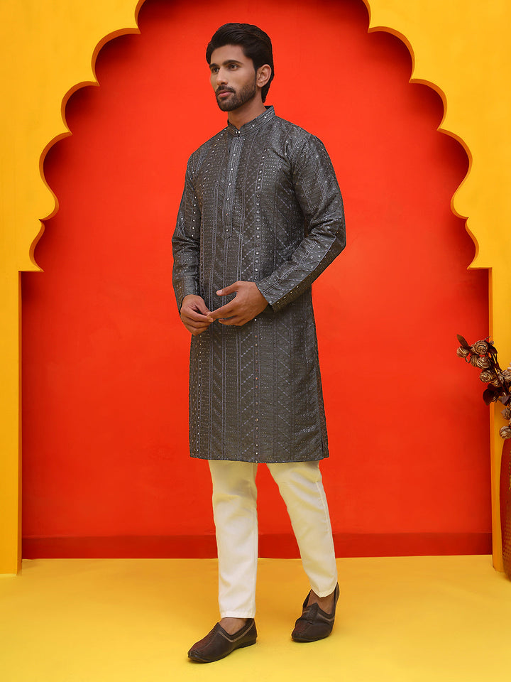 Embroidered Straight Kurta Set For Men