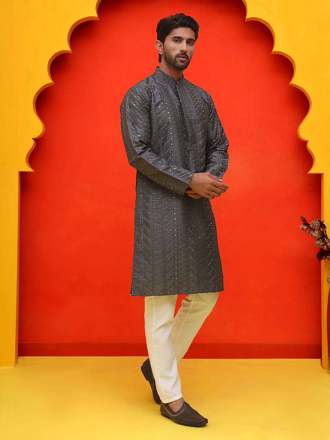 Embroidered Straight Kurta Set For Men