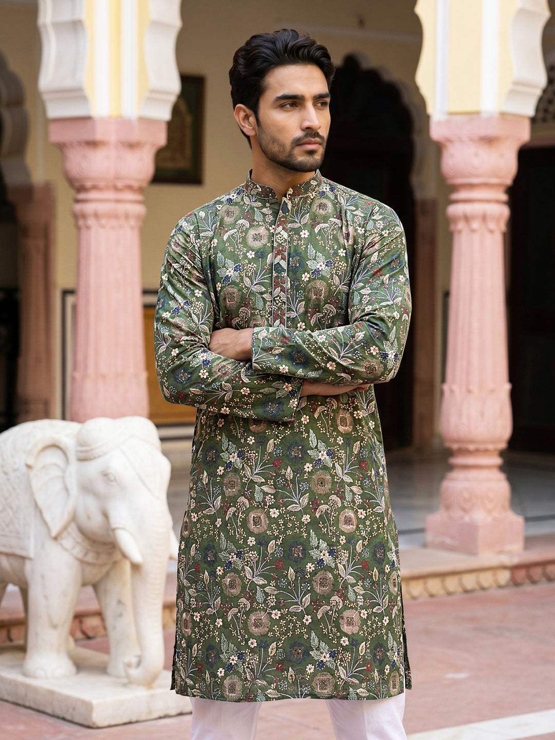 Silk Blend Floral Embroidered Kurta Pyjama Set