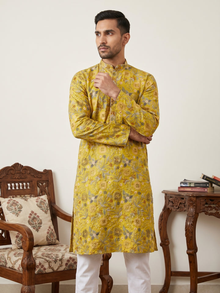 Silk Blend Floral Embroidered Kurta Pyjama Set
