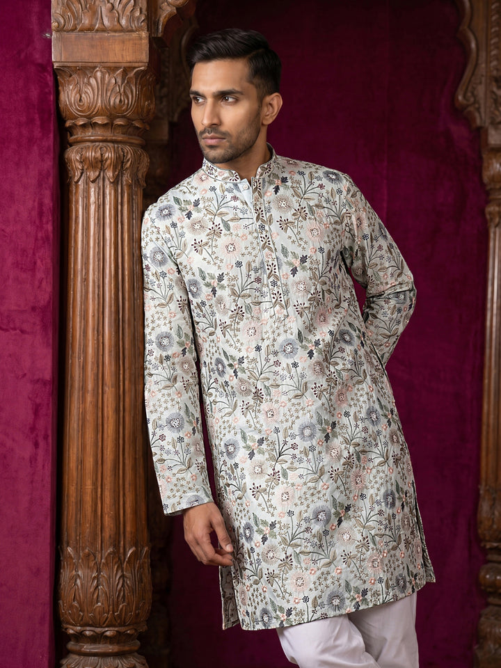Silk Blend Floral Embroidered Kurta Pyjama Set