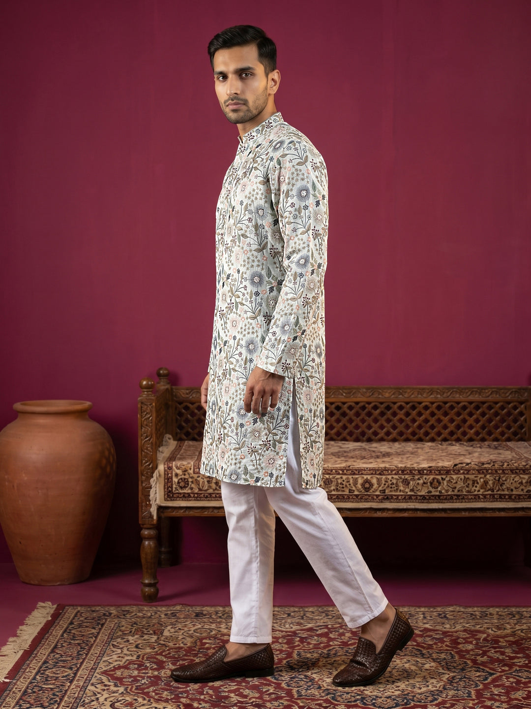Silk Blend Floral Embroidered Kurta Pyjama Set