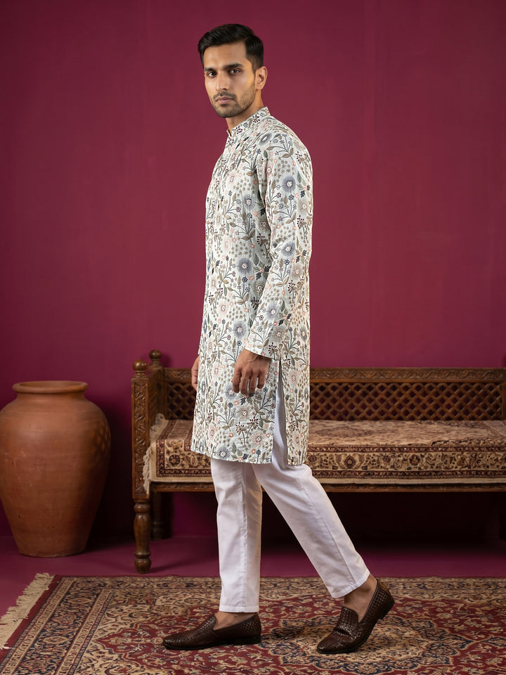 Silk Blend Floral Embroidered Kurta Pyjama Set