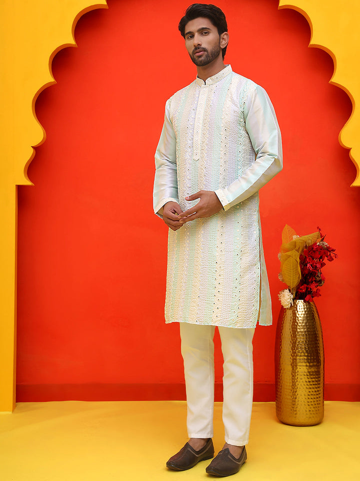 Embroidered And Mirror Work Straight Kurta Set For Men,