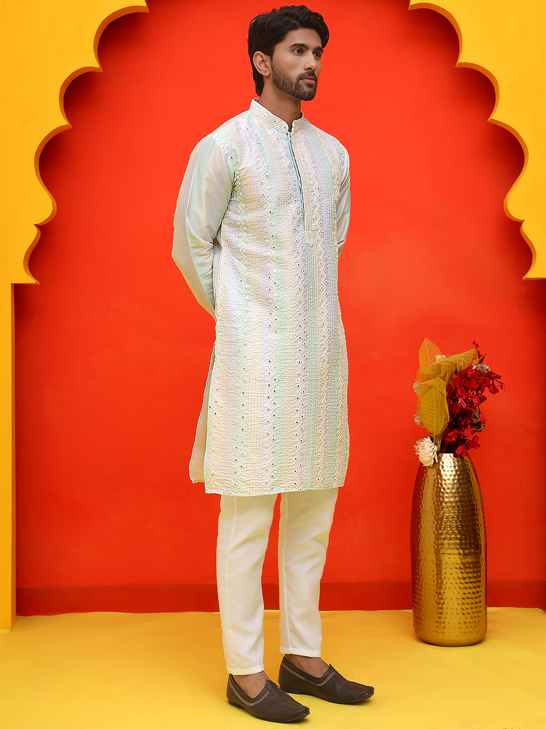Embroidered And Mirror Work Straight Kurta Set For Men,