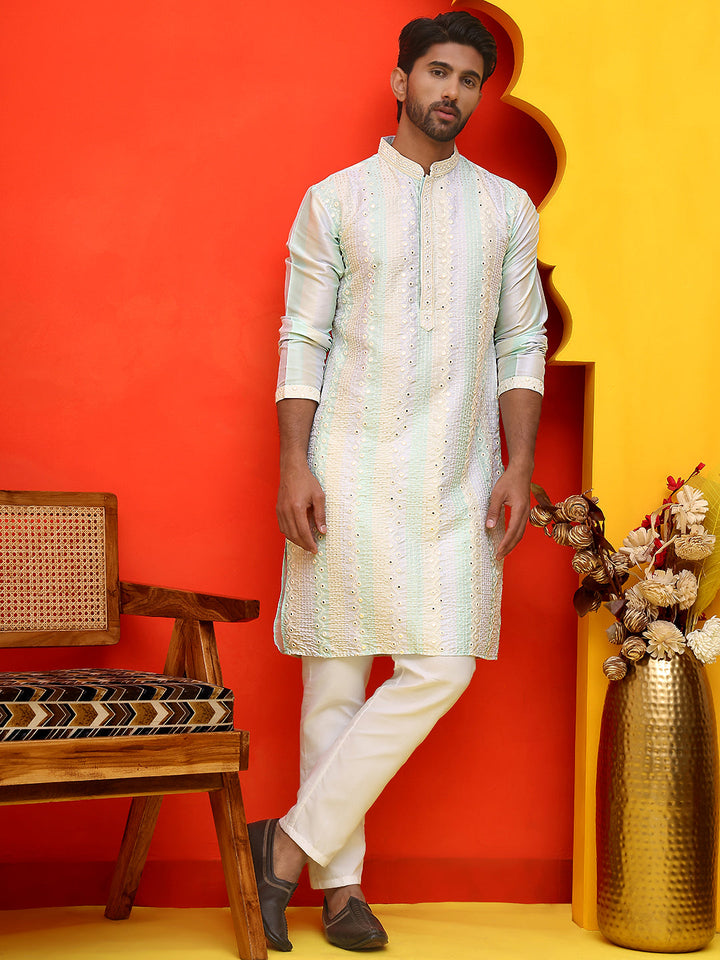 Embroidered And Mirror Work Straight Kurta Set For Men,