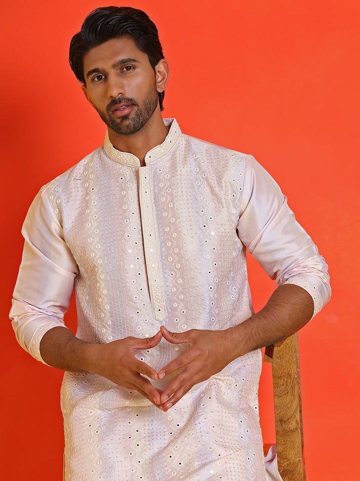 Embroidered And Mirror Work Straight Kurta Set For Men.
