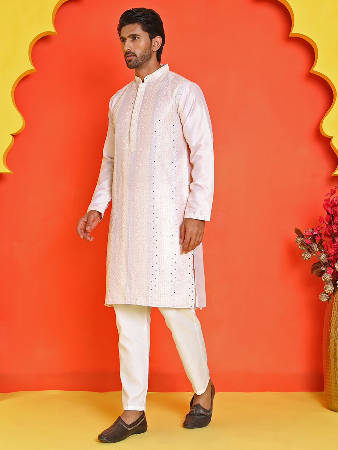 Embroidered And Mirror Work Straight Kurta Set For Men.
