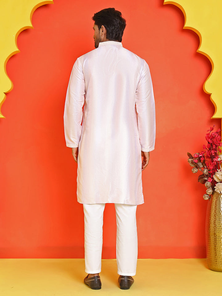 Embroidered And Mirror Work Straight Kurta Set For Men.