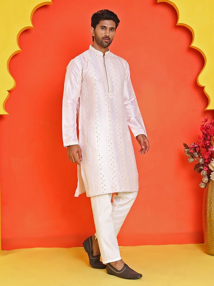 Embroidered And Mirror Work Straight Kurta Set For Men.