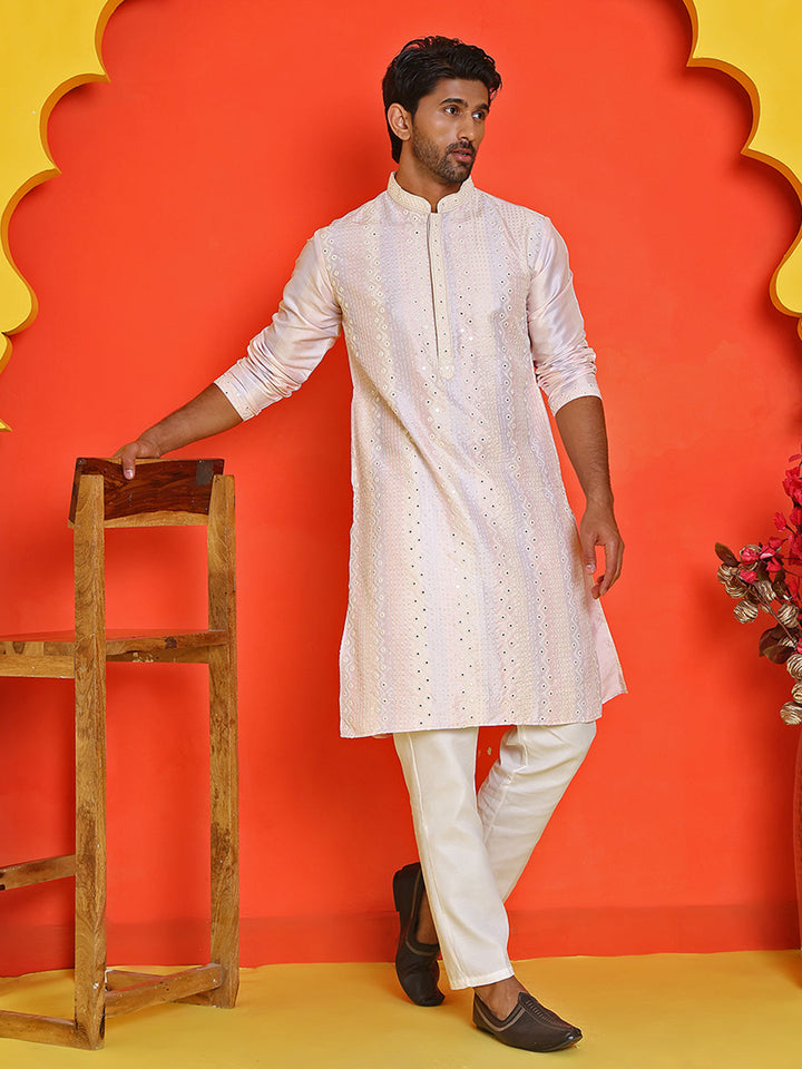 Embroidered And Mirror Work Straight Kurta Set For Men.