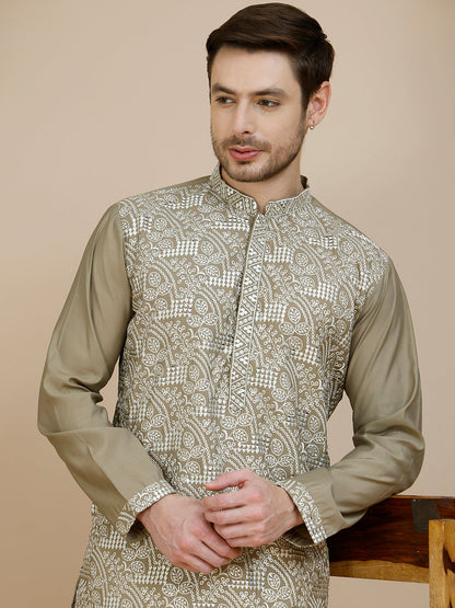 Embroidered Silk Blend Kurta Set For Men