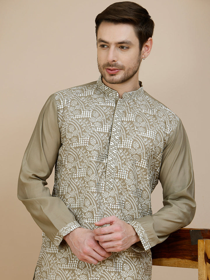 Embroidered Silk Blend Kurta Set For Men
