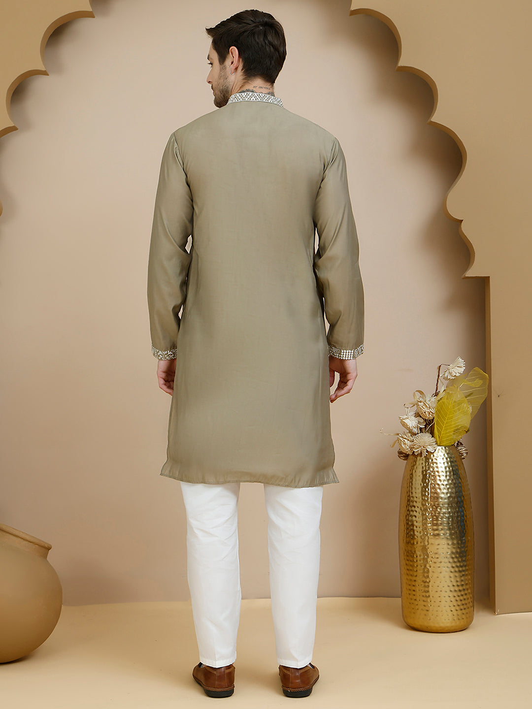 Embroidered Silk Blend Kurta Set For Men