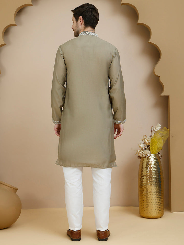 Embroidered Silk Blend Kurta Set For Men