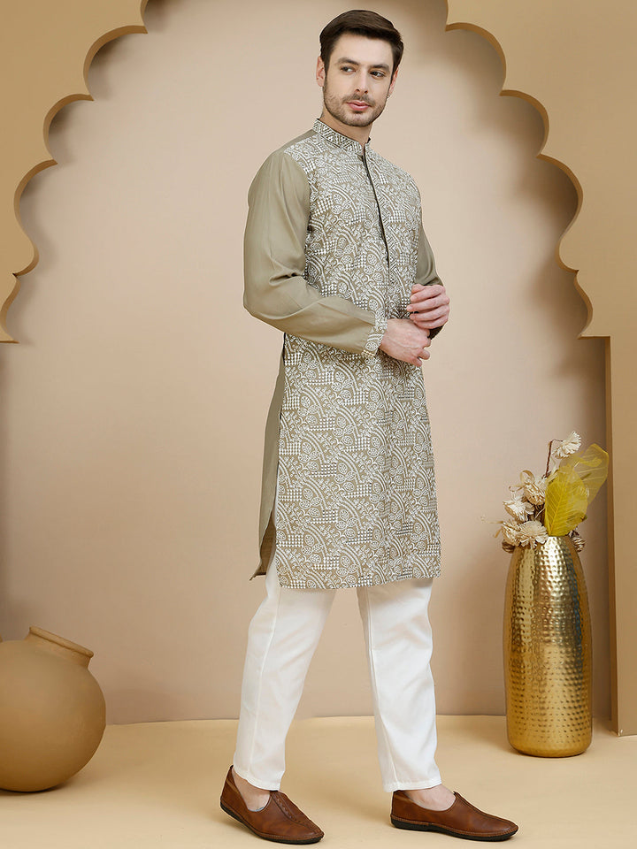 Embroidered Silk Blend Kurta Set For Men