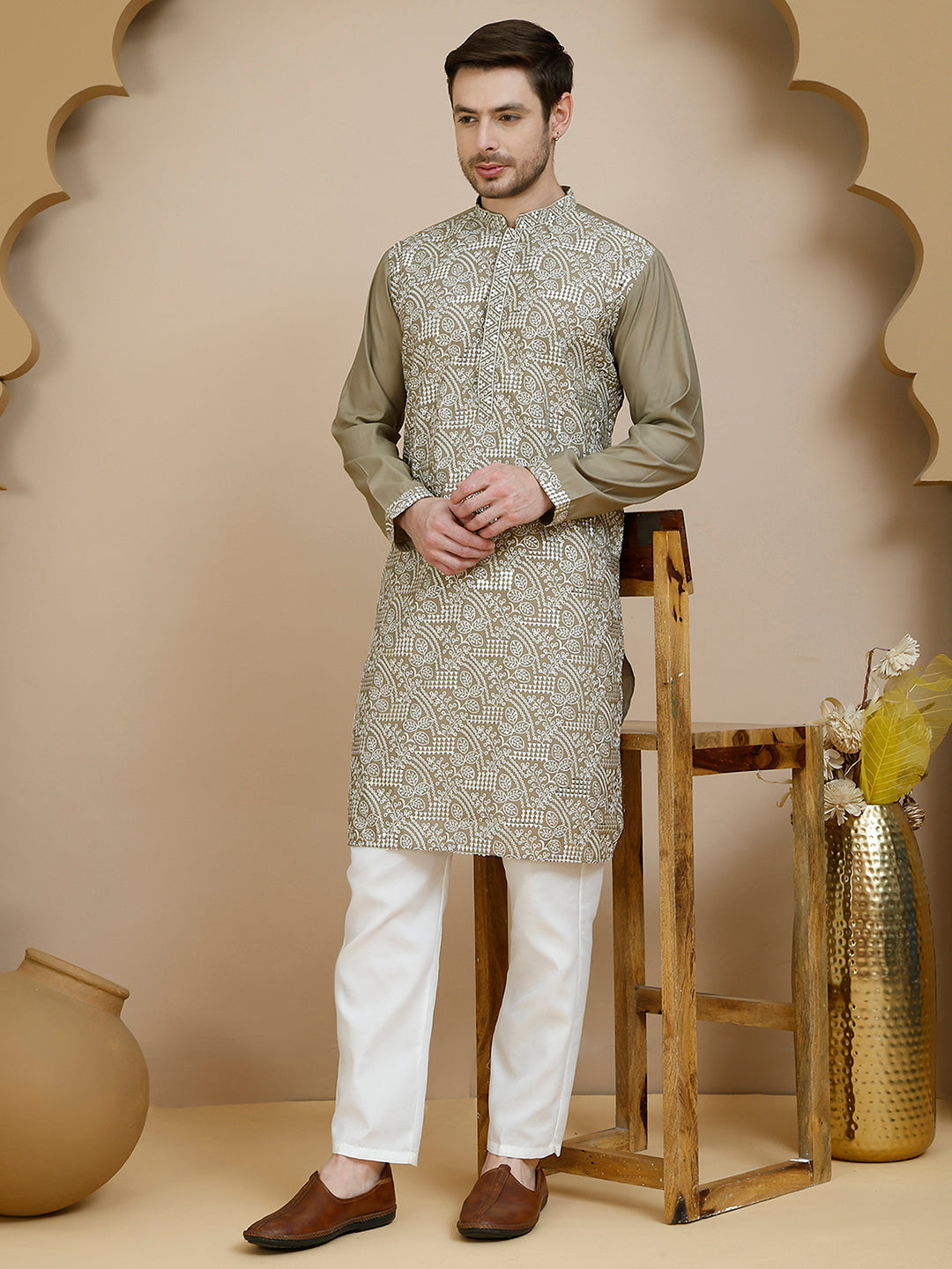 Embroidered Silk Blend Kurta Set For Men