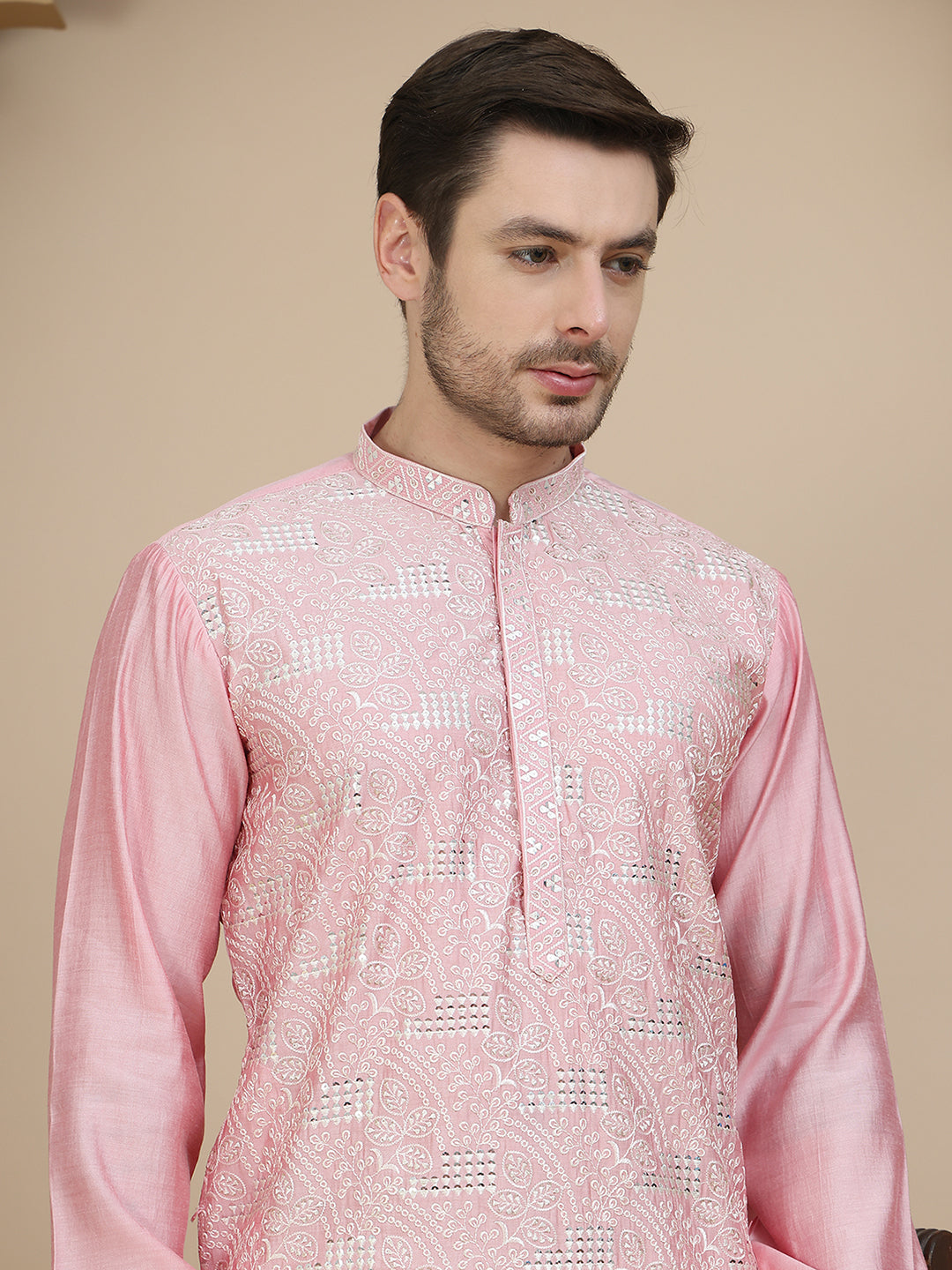 Embroidered Silk Blend Kurta Set For Men