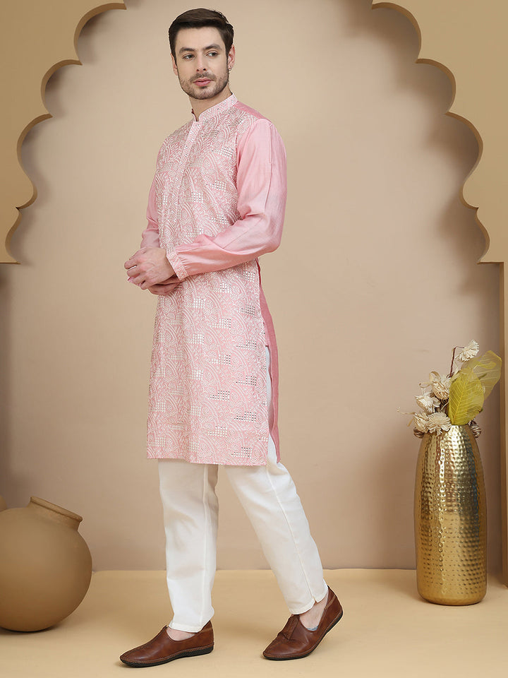 Embroidered Silk Blend Kurta Set For Men
