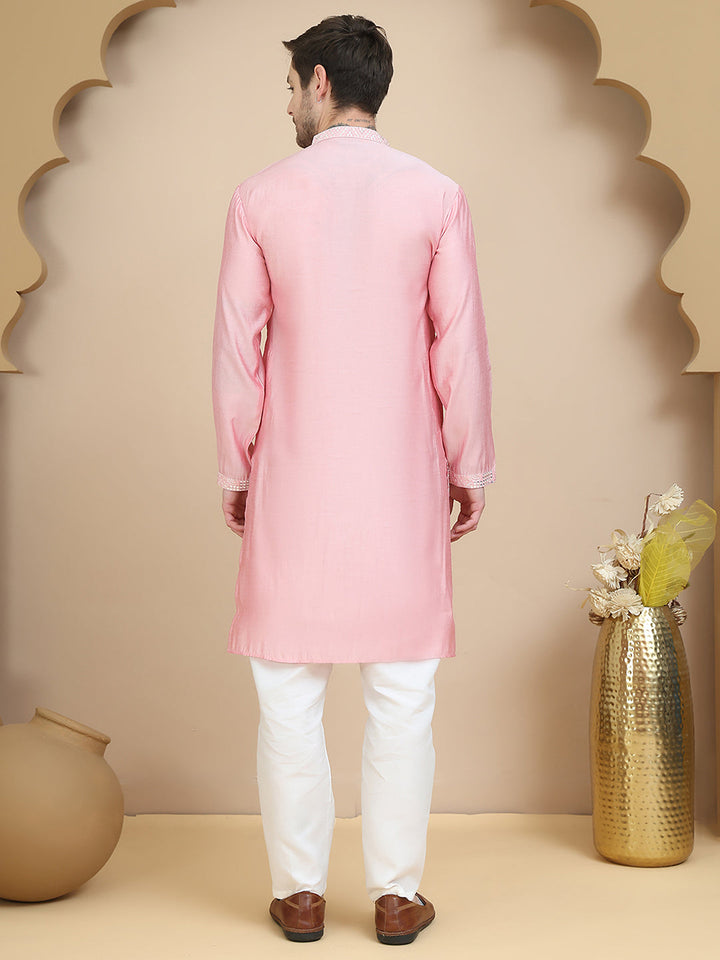 Embroidered Silk Blend Kurta Set For Men