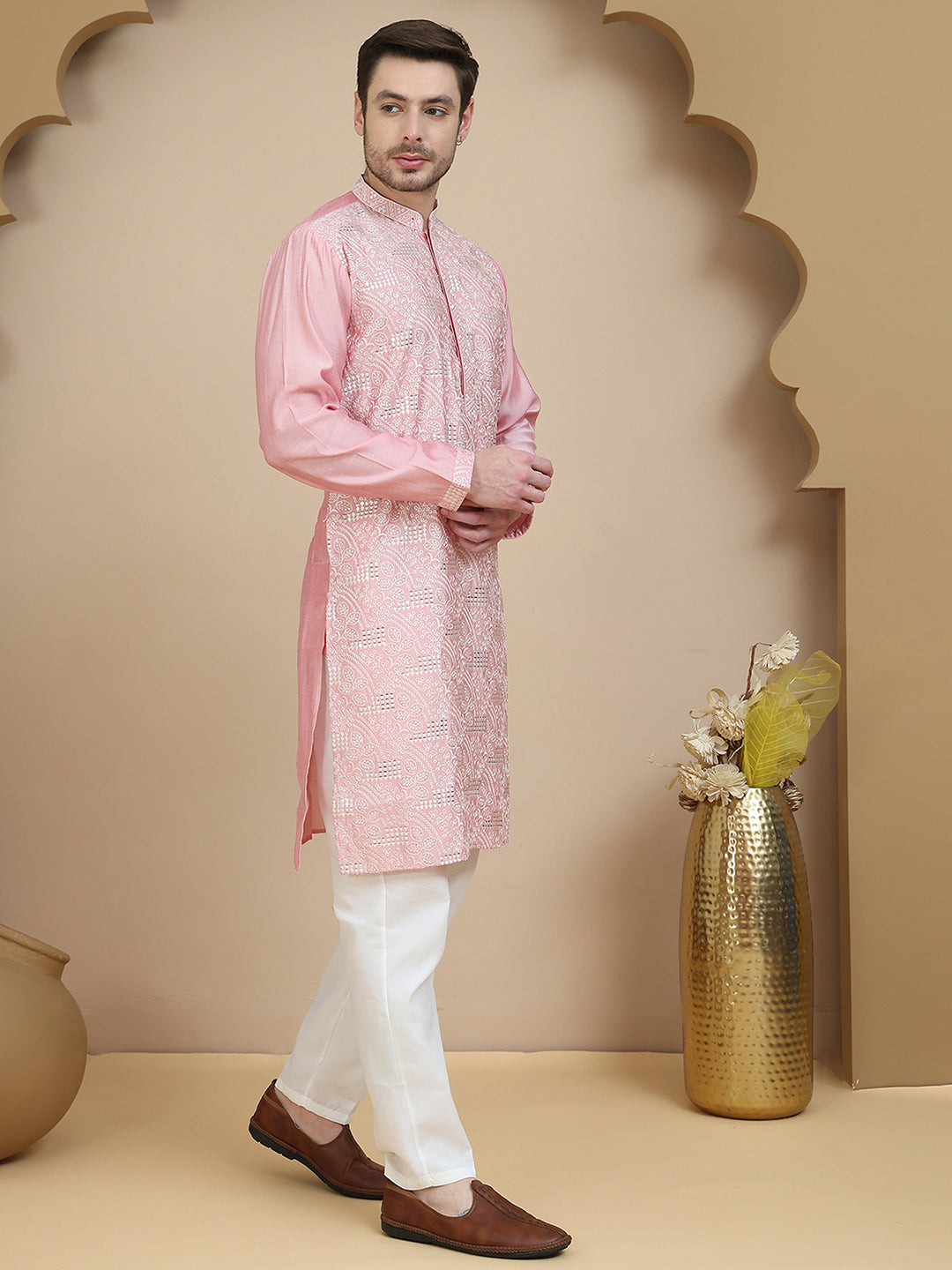 Embroidered Silk Blend Kurta Set For Men
