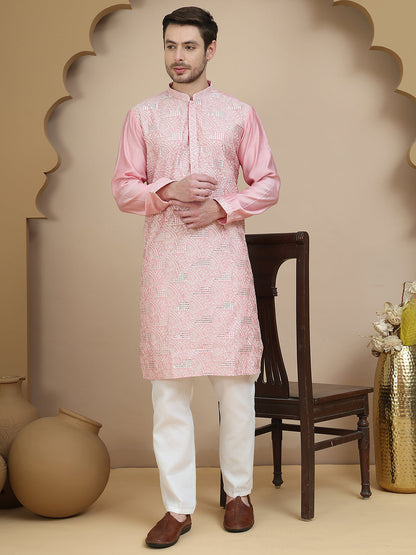 Embroidered Silk Blend Kurta Set For Men