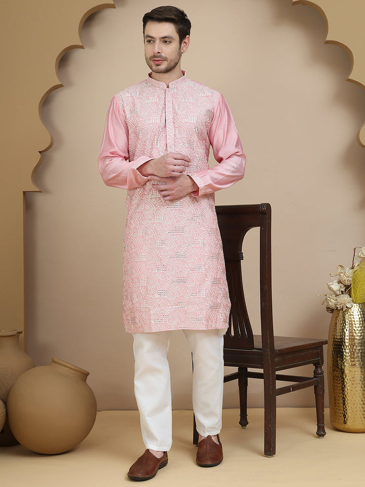 Embroidered Silk Blend Kurta Set For Men