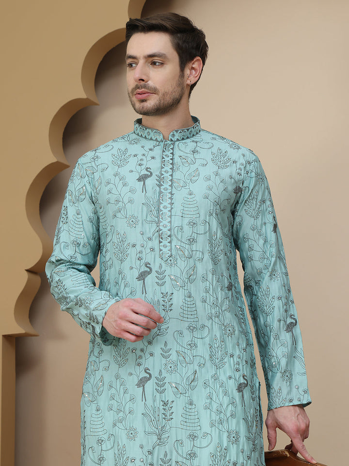 Embroidered Silk Blend Kurta Set For Men