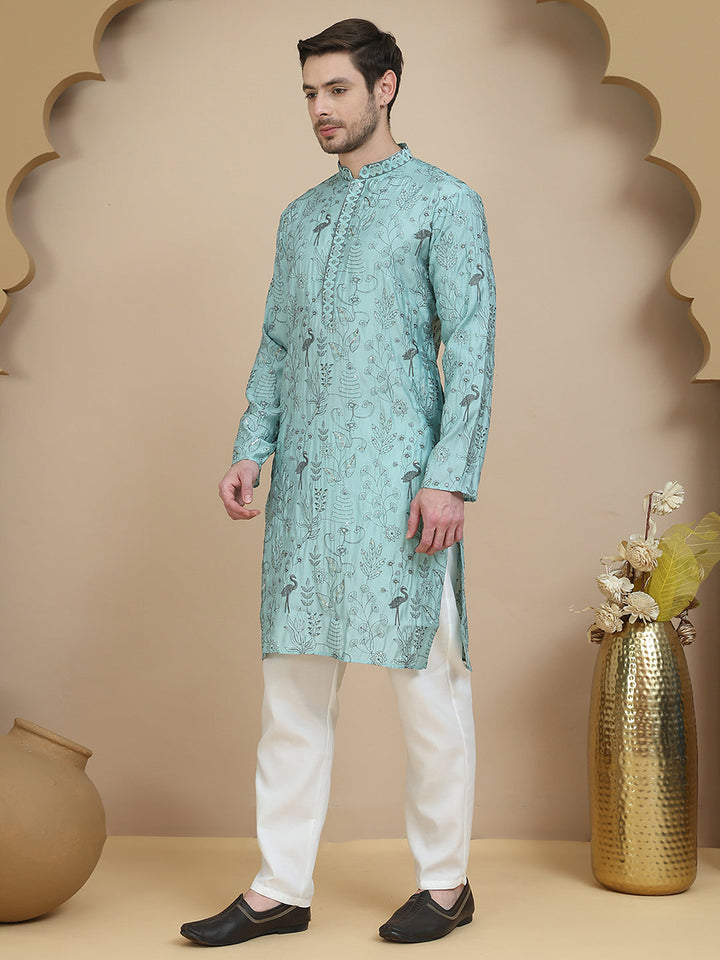 Embroidered Silk Blend Kurta Set For Men