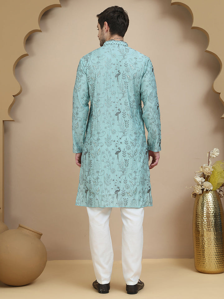 Embroidered Silk Blend Kurta Set For Men