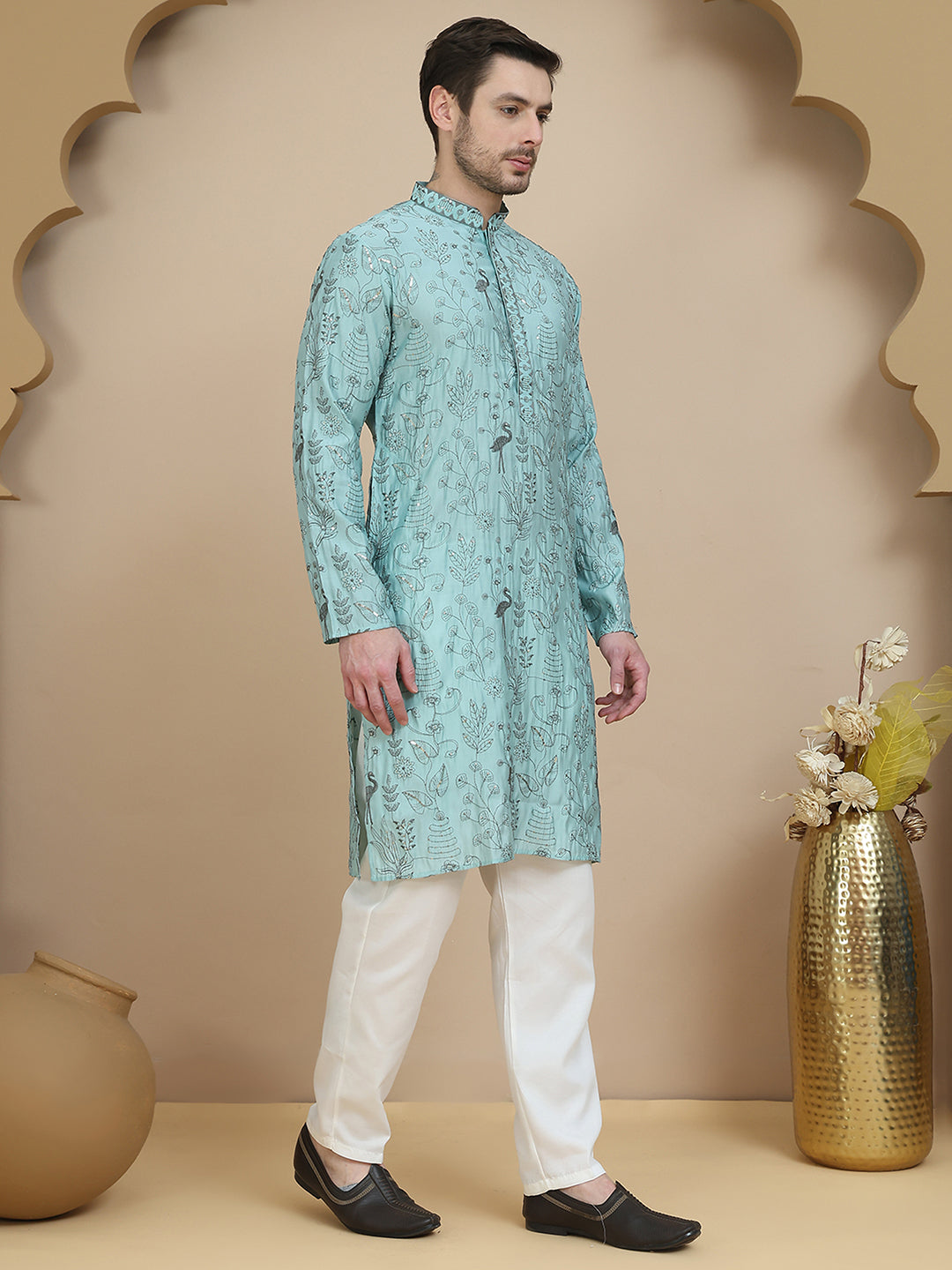 Embroidered Silk Blend Kurta Set For Men