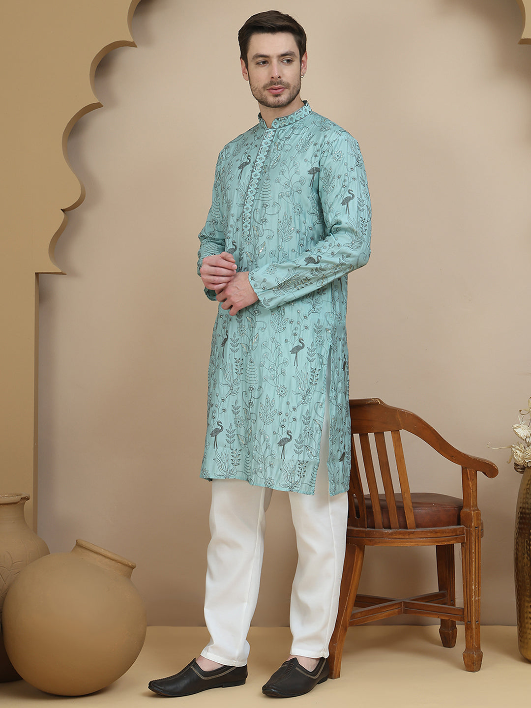 Embroidered Silk Blend Kurta Set For Men