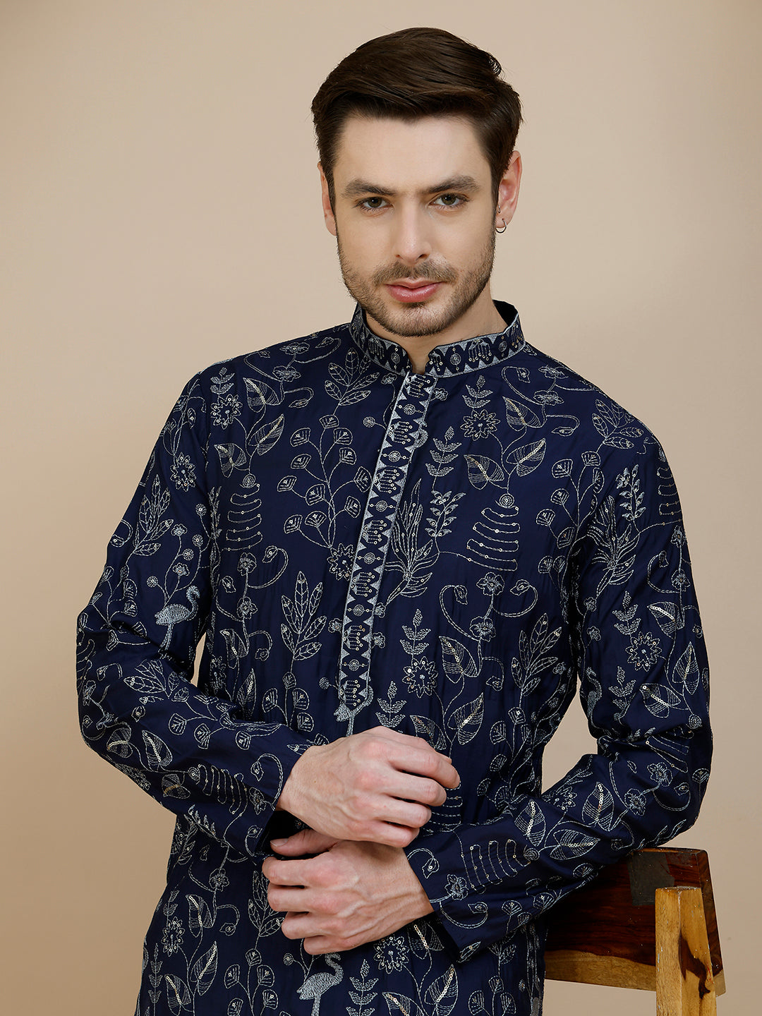Embroidered Silk Blend Kurta Set For Men