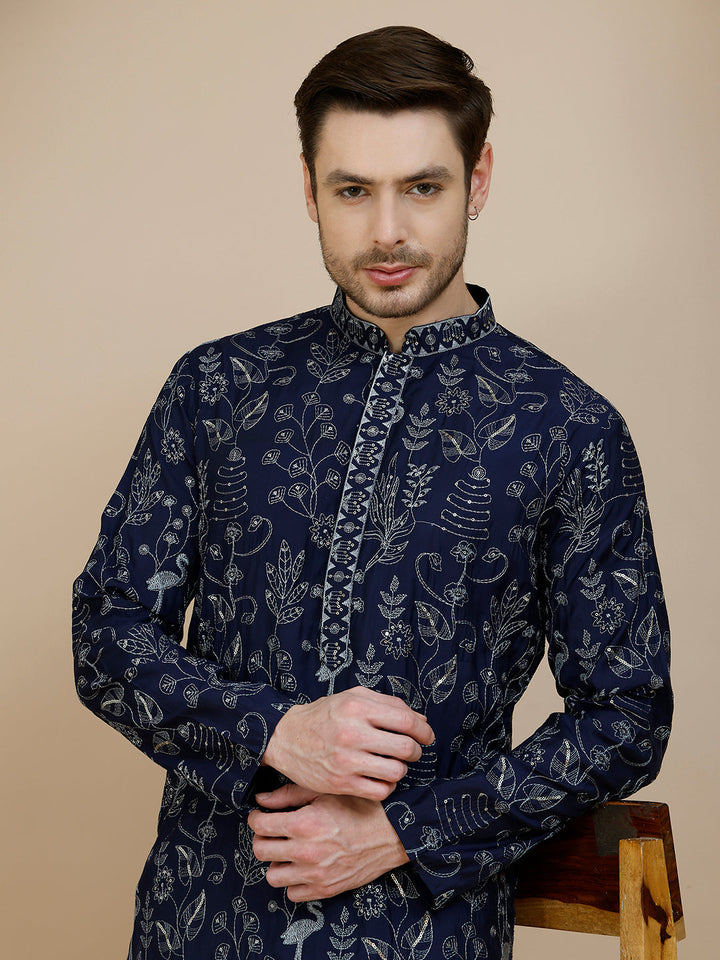 Embroidered Silk Blend Kurta Set For Men
