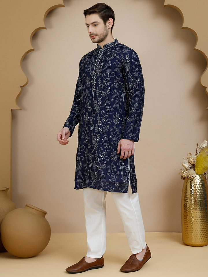 Embroidered Silk Blend Kurta Set For Men