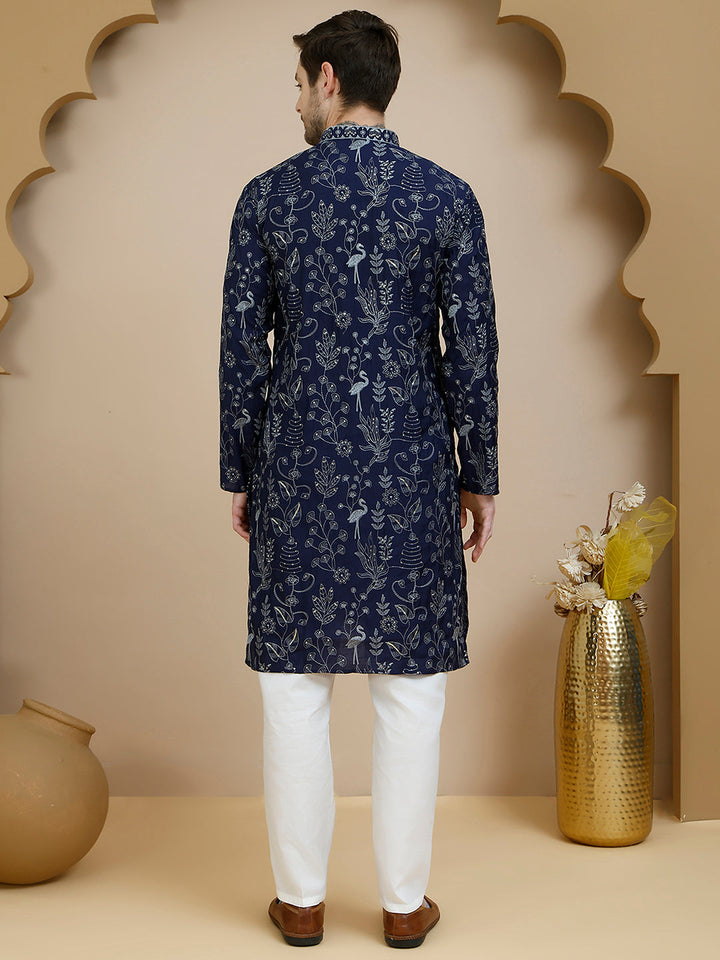 Embroidered Silk Blend Kurta Set For Men