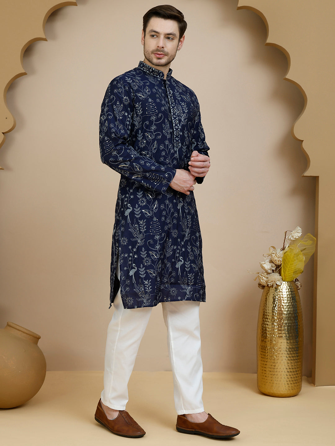 Embroidered Silk Blend Kurta Set For Men