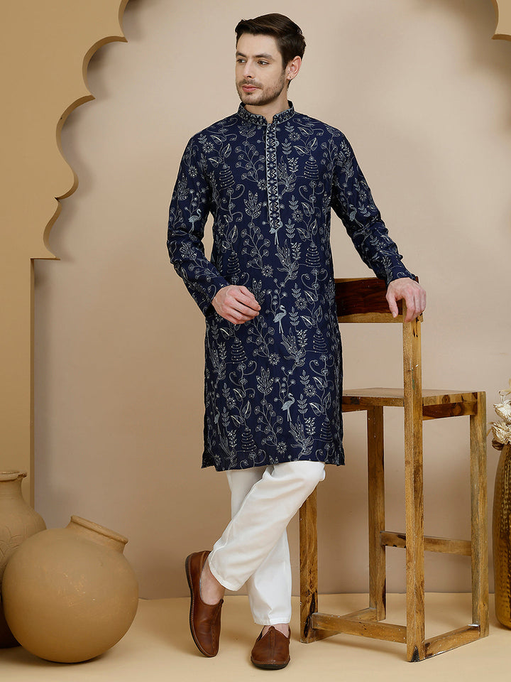 Embroidered Silk Blend Kurta Set For Men