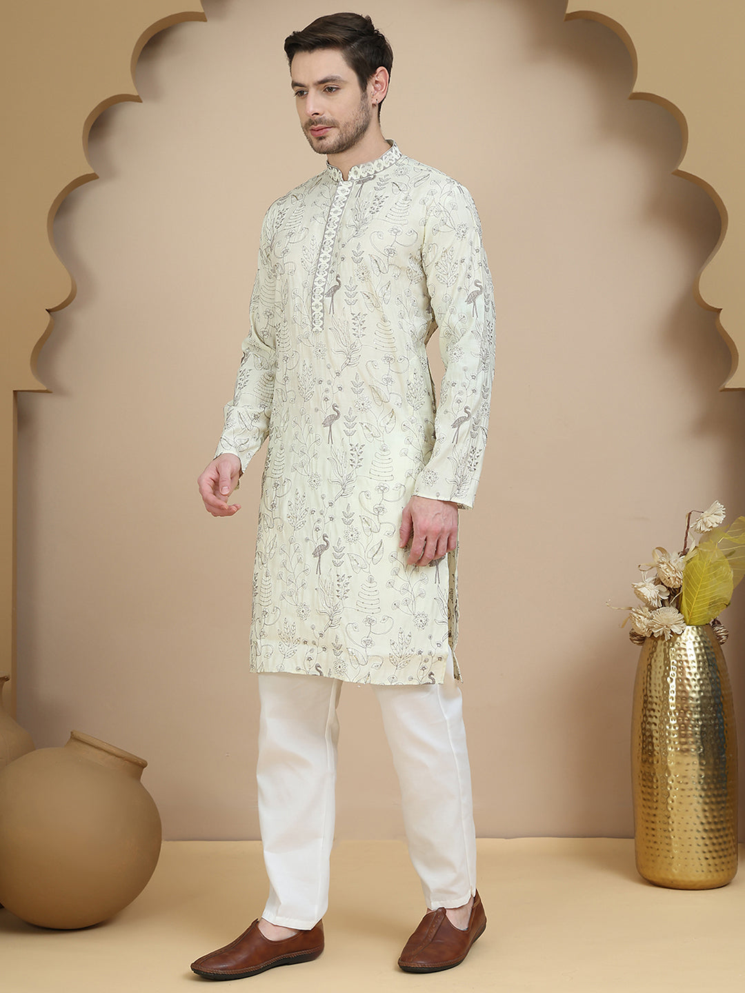 Embroidered Silk Blend Kurta Set For Men