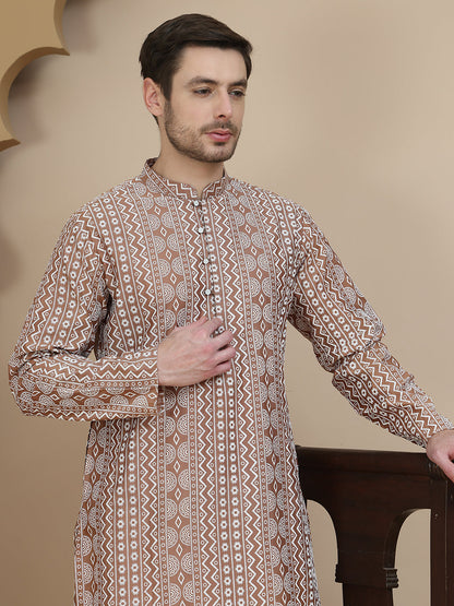 Geometric Print Silk Blend Straight Kurta Set For Men