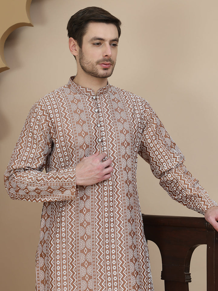 Geometric Print Silk Blend Straight Kurta Set For Men
