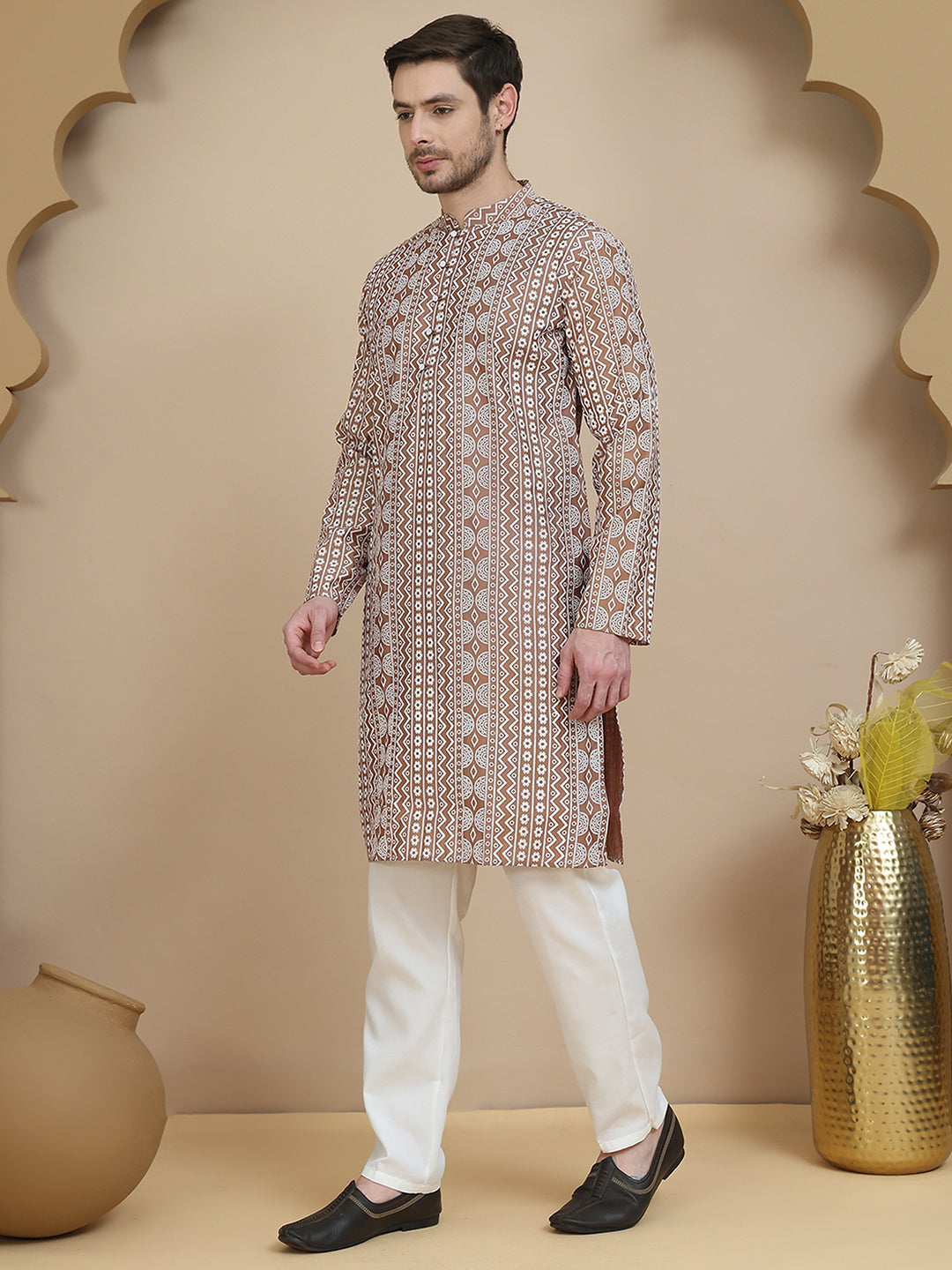 Geometric Print Silk Blend Straight Kurta Set For Men