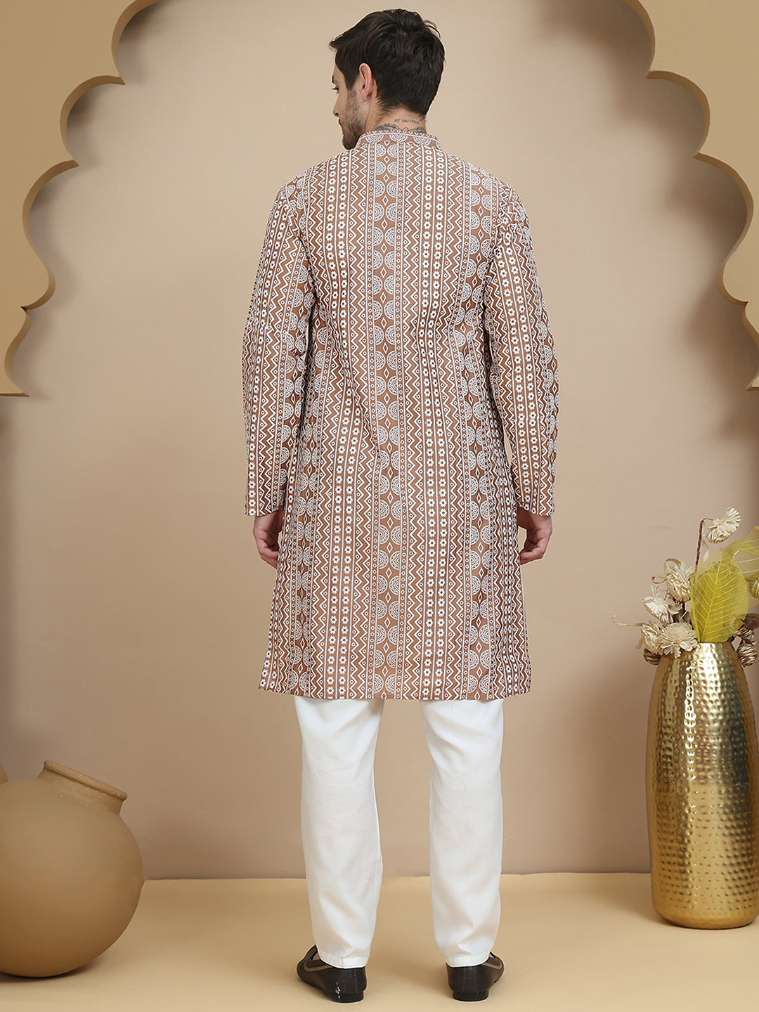 Geometric Print Silk Blend Straight Kurta Set For Men