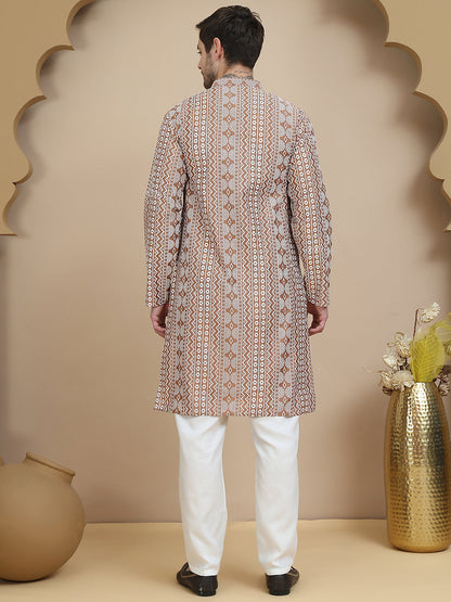 Geometric Print Silk Blend Straight Kurta Set For Men