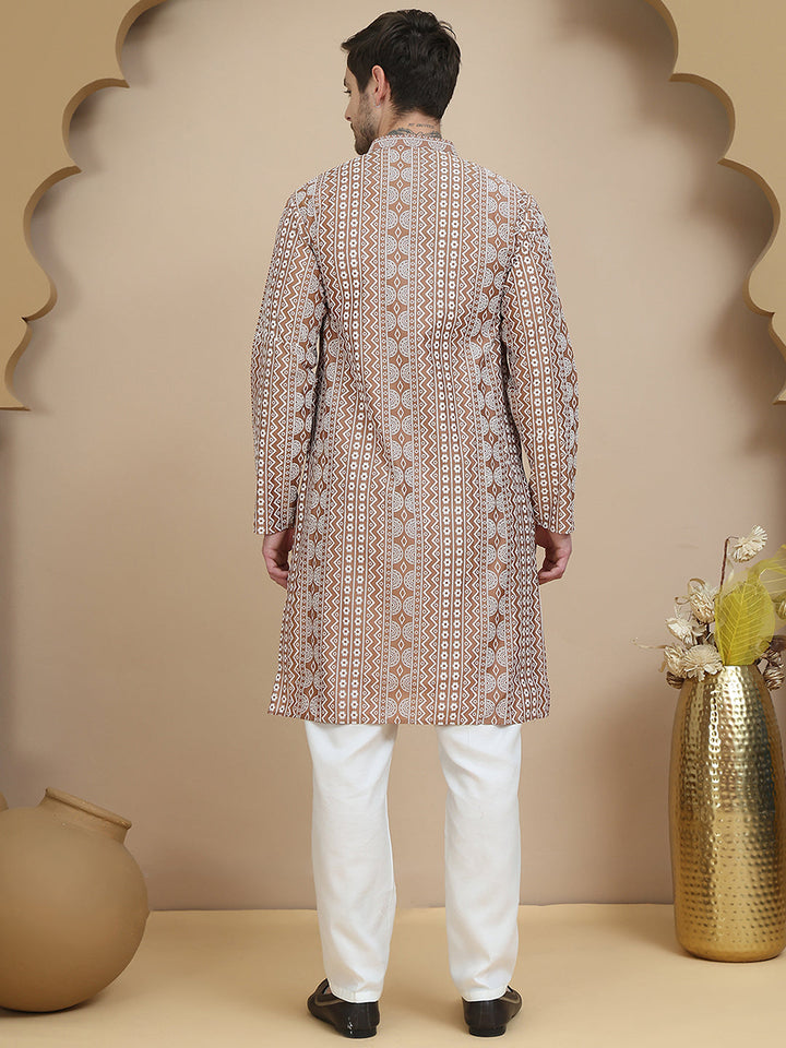 Geometric Print Silk Blend Straight Kurta Set For Men