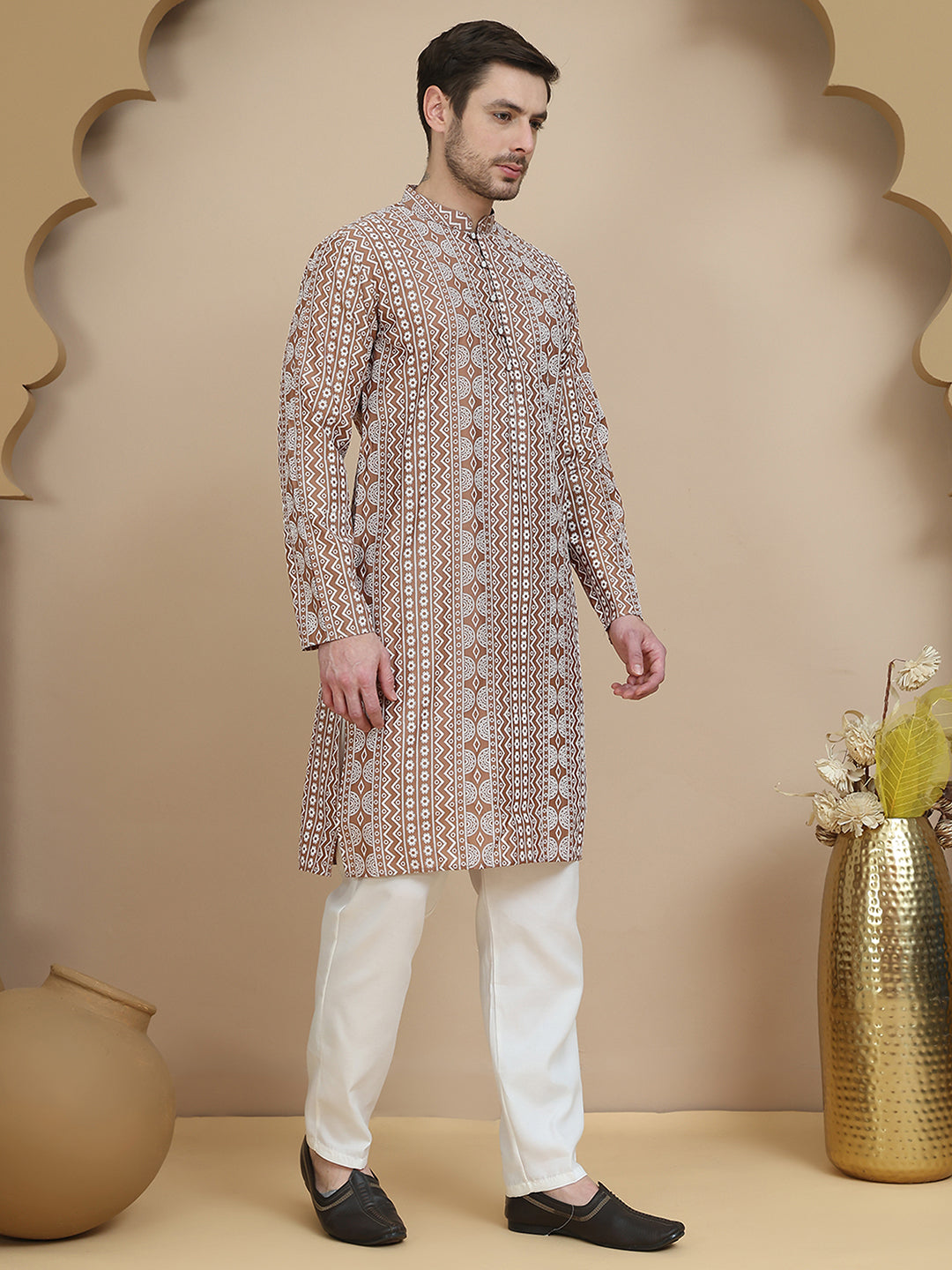 Geometric Print Silk Blend Straight Kurta Set For Men