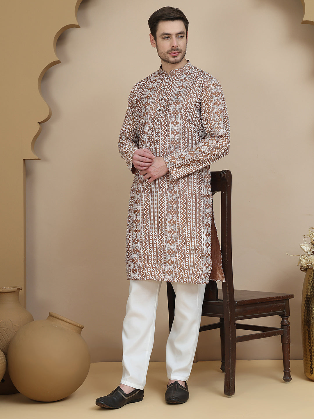Geometric Print Silk Blend Straight Kurta Set For Men